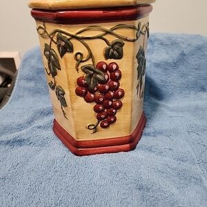 Hand-Painted Grape Motif Ceramic Canister in Red and Cream